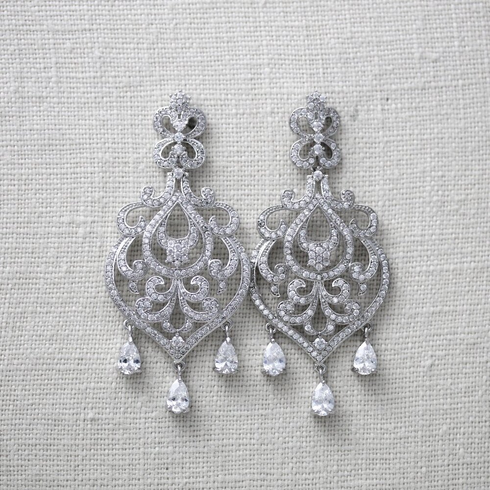 White gold plated cubic zirconia chandelier earrings
